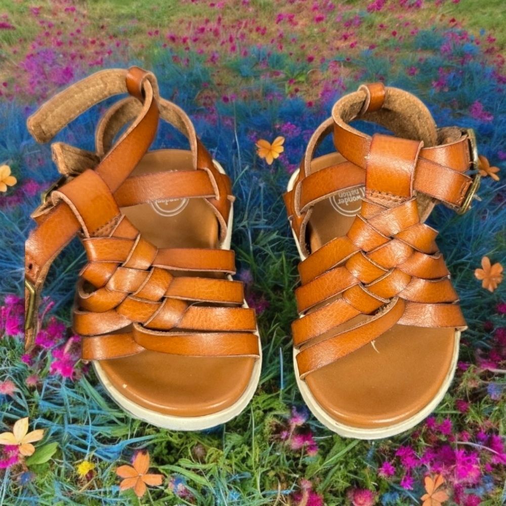 Toddler Girls Gladiator Sandals Size 2 Brown Strappy Velcro Straps Wonder Nation